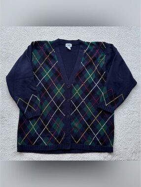 Vtg Koret Navy Argyle Button-Front Cardigan with Multicolor Diamonds